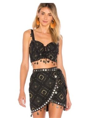 House of Harlow 1960 Black Embroidered wrap skirt with Metallic Accents
